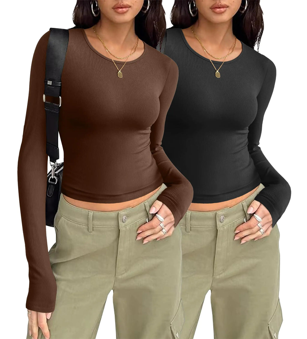 Zeagoo Skims Dupe Crop Tops Y2K Fashion Clothes Basic Slim Fit Tee Shirts Blouse Shirts for Women for Teen Girls BlackBrown